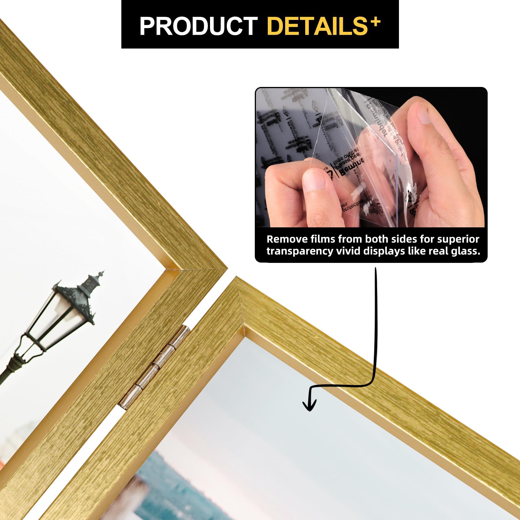 4x6 Double Picture Frame Wooden Hinged Photo Frame Definition Glass Stand Vertically on Desktop or Tabletop Gold